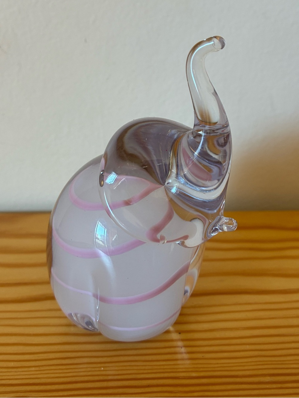 Vintage Taiwan Hand Made Crystal Elephant Figurine Pink White Swirl Trunk Up